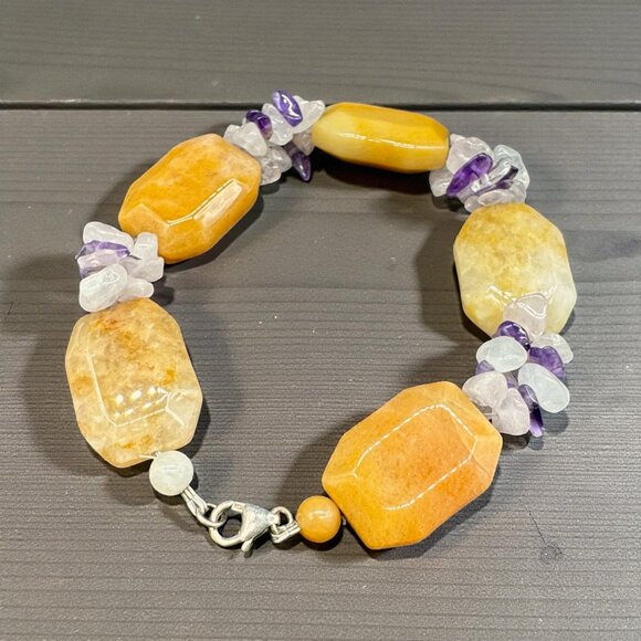 Genuine Amethyst, Quartz and Citrine Chunky Bracelet 925 Silver Lobster Clasp 8" - Picture 1 of 5